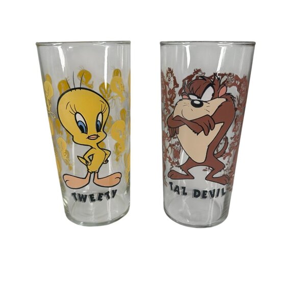 RARE 1995 Looney Tunes Taz Tasmanian Devil Tweety Warner Bros Glass Lot of 2 - Picture 2 of 16